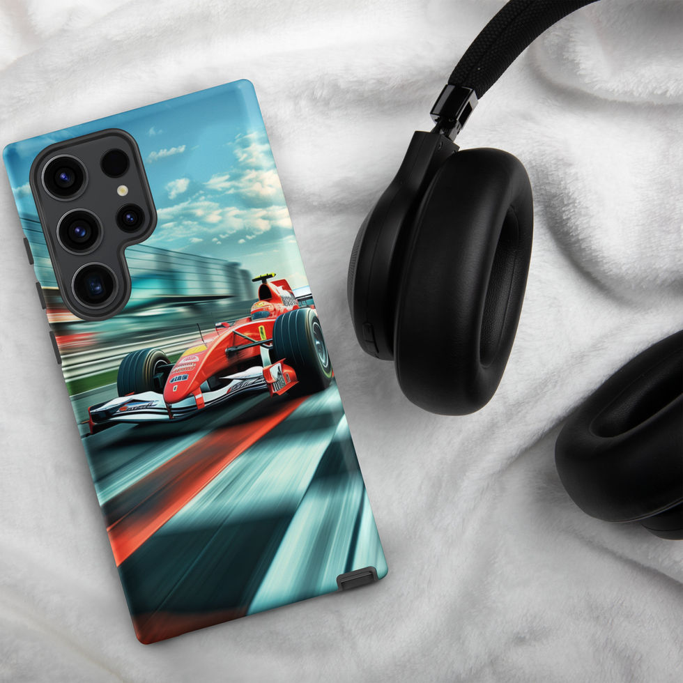 Victory Lap Tough case for Galaxy S23 Ultra, red race car on teal track, headphones on pale fabric
