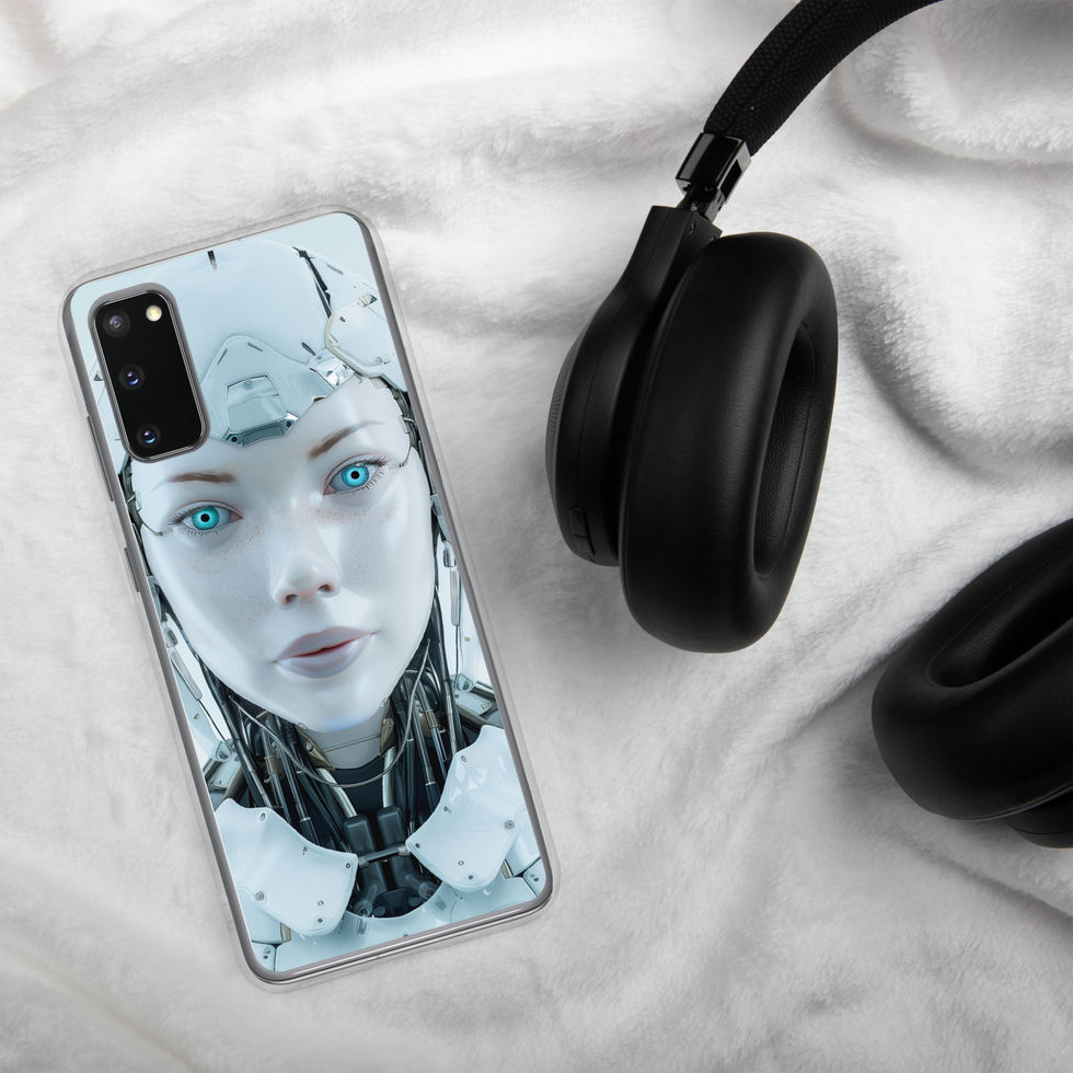 Porcelain-white robot portrait on a transparent Samsung Galaxy case – transparent-edge phone preview