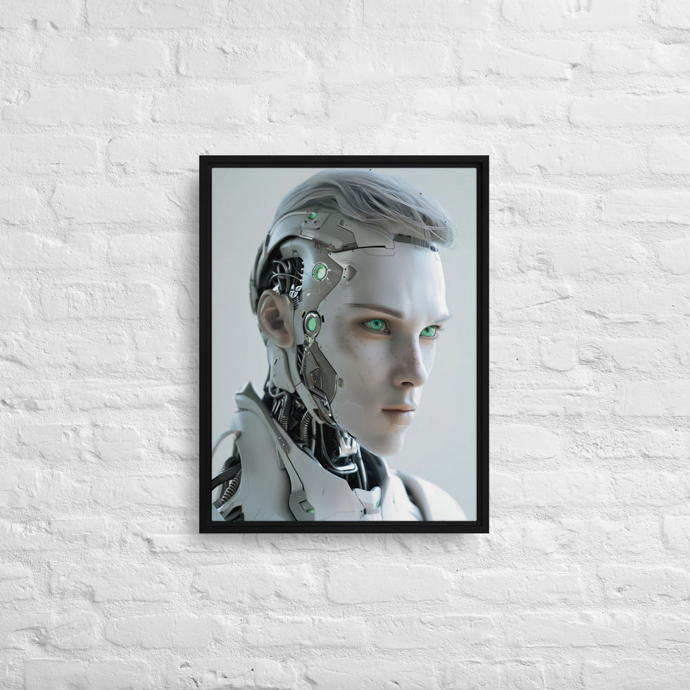 Neo-Futuristic Sentinel framed canvas: white shoulder armour framing a black mechanical collar