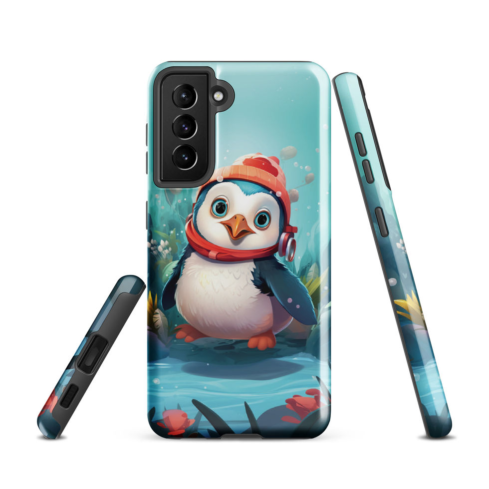 Aquatic penguin-mockup-06 showing Aqua Explorer artwork on a Samsung tough phone case
