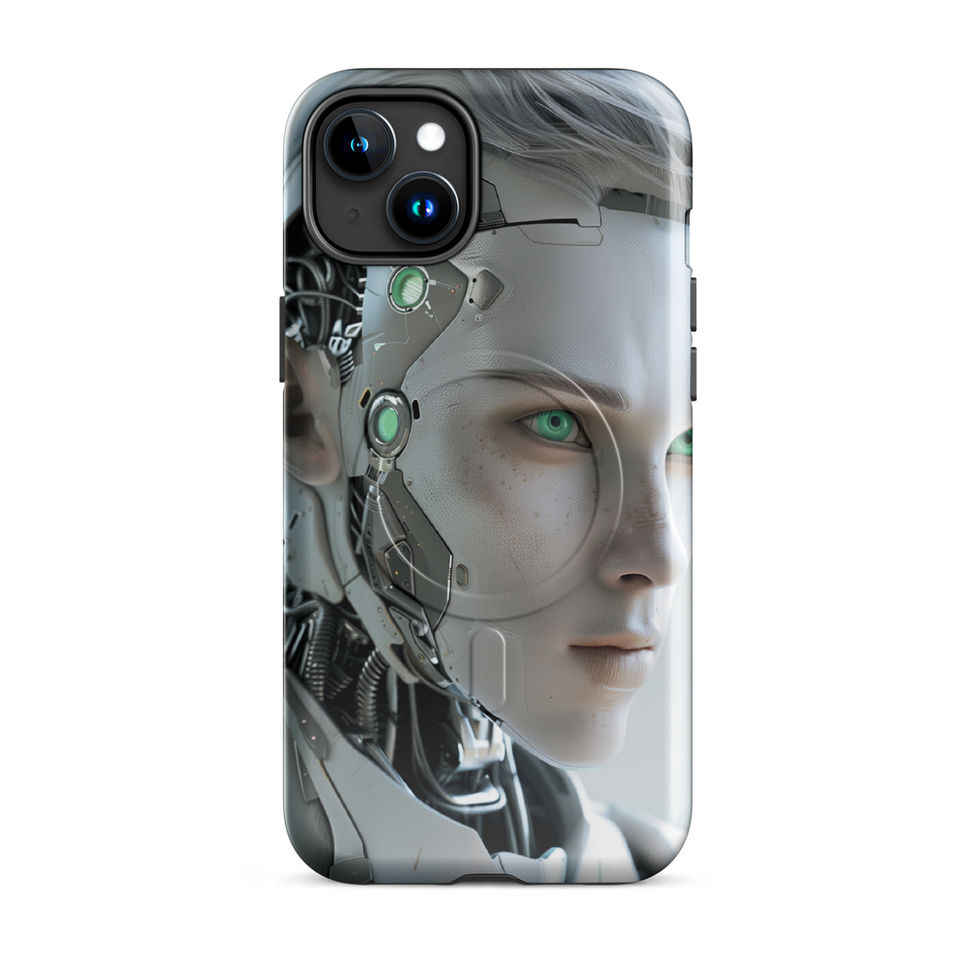 Quantum Guardian MagSafe iPhone case with dark mechanical neck components on a full magnetic case mockup