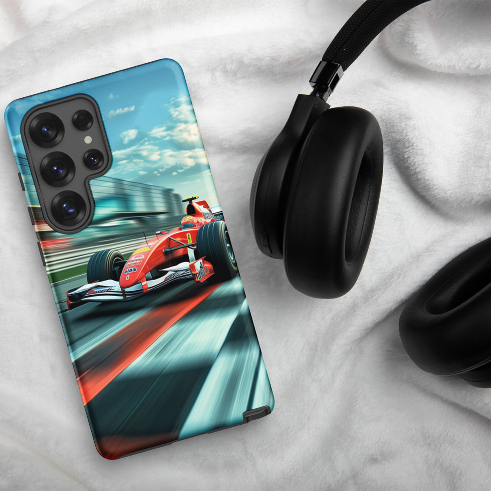 Victory Lap Tough case for Galaxy S25 Ultra, red race car on teal track, headphones on pale fabric