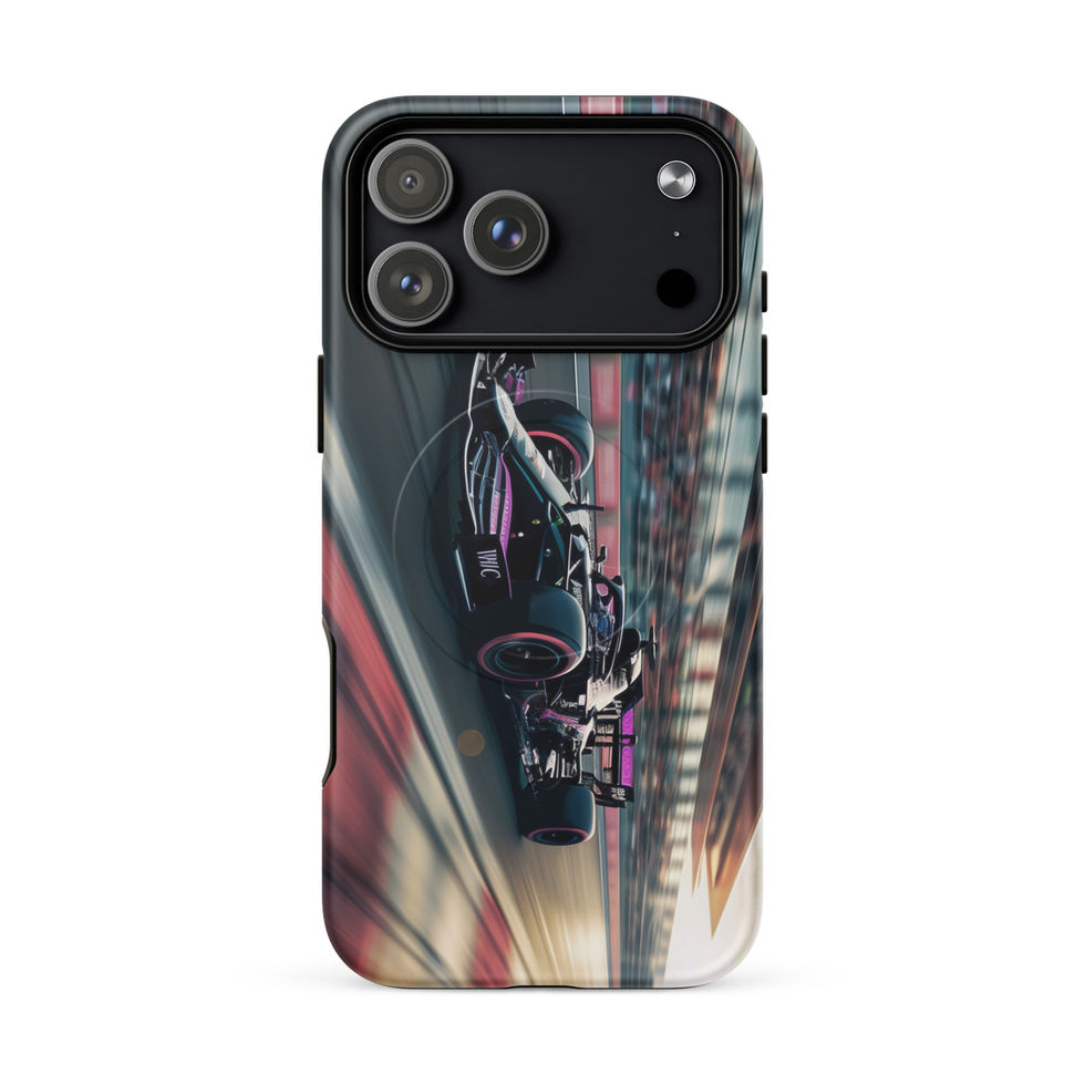 Black n Purple Power MagSafe Tough case for iPhone 18 Pro Max, black and purple race car artwork, rear view on white