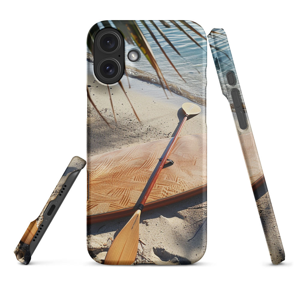 Driftwood Escape Snap case for iPhone showing sunlit beach with a paddle near the water