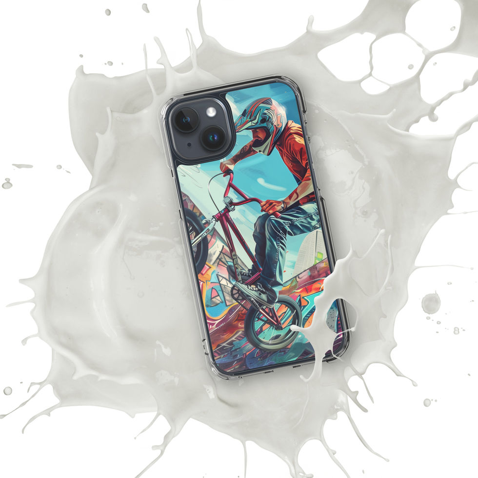Urban Freestyle Clear case for iPhone 15 Plus, BMX rider and colourful graffiti, white paint splash background