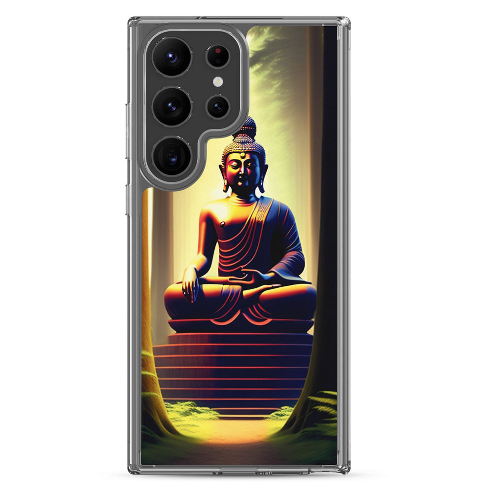 Praying Buddha Samsung clear case, showing quiet statue scene with green foreground accents.