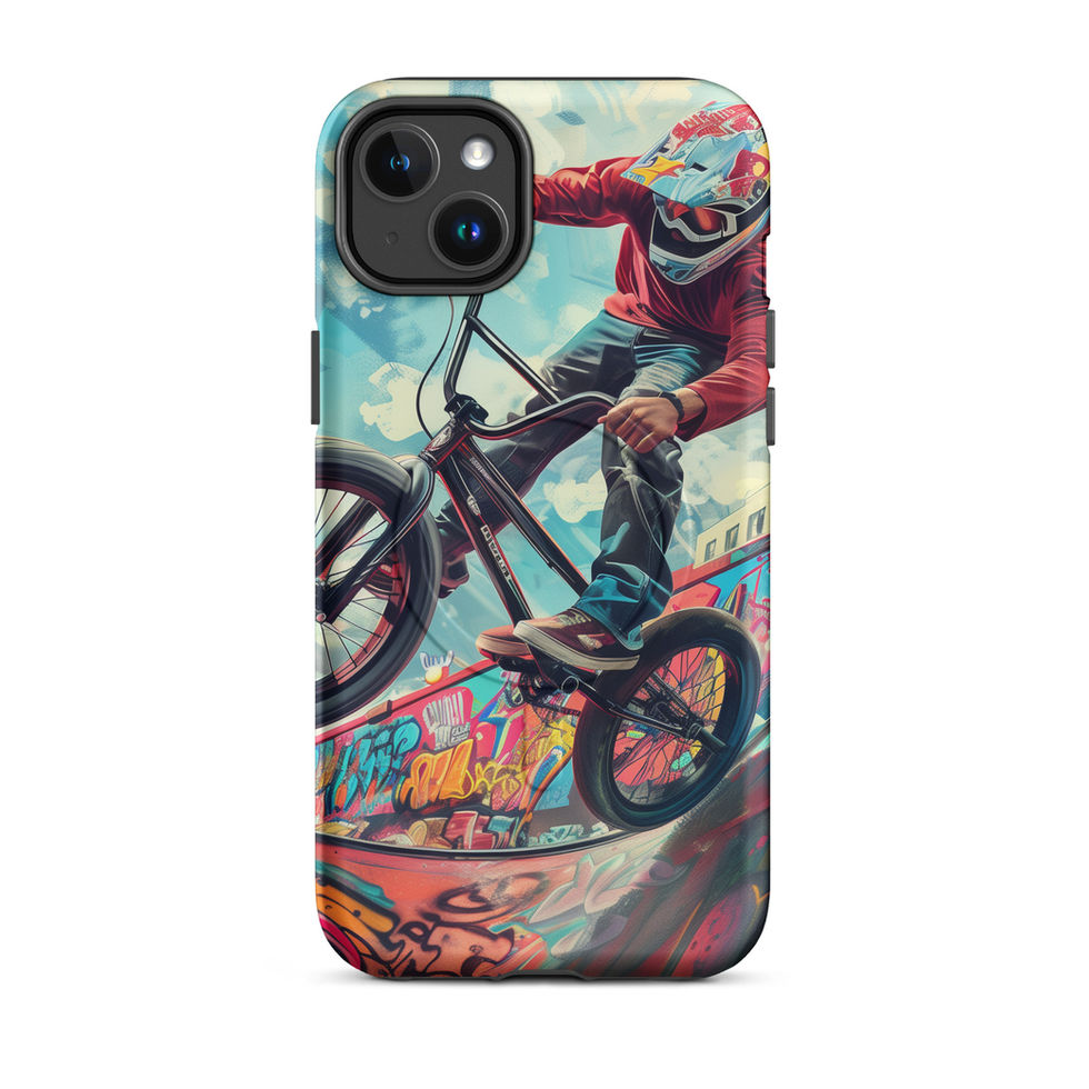 Urban Thrill MagSafe Tough case for iPhone 14 Plus, BMX rider above graffiti ramp, rear view on white background