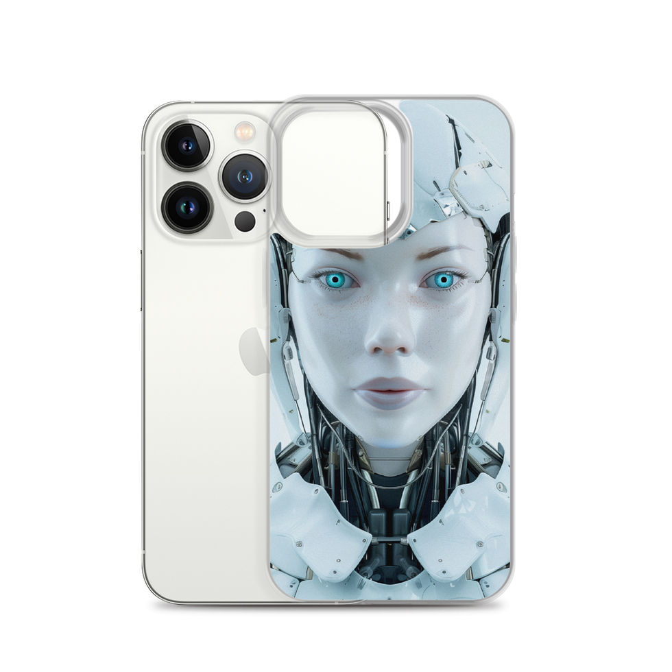 Calm futuristic android with aqua eyes on a transparent iPhone case – front product view