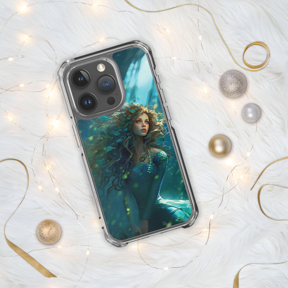 Ocean Enchantress clear iPhone case on pale marble with gold accents, showing light shimmering over a deep-water scene.