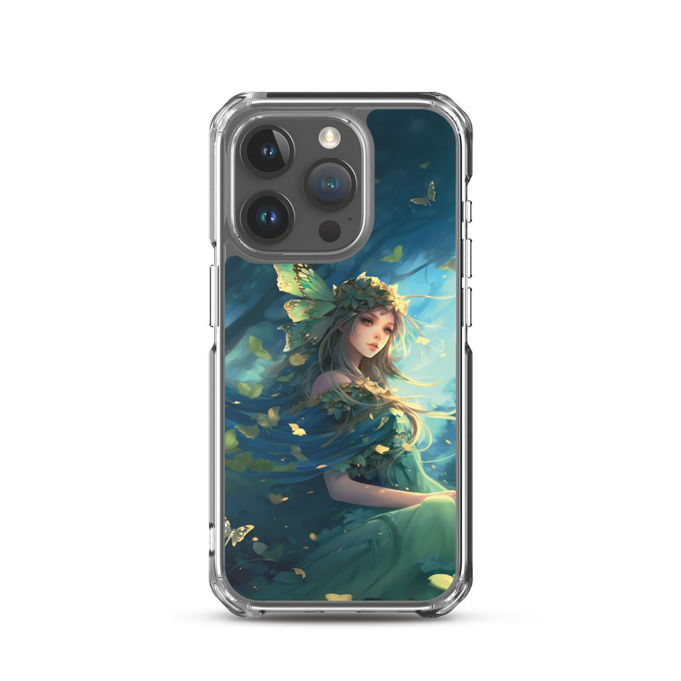 Printed back of Forest Enchantress iPhone clear case showing dreamlike woodland portrait