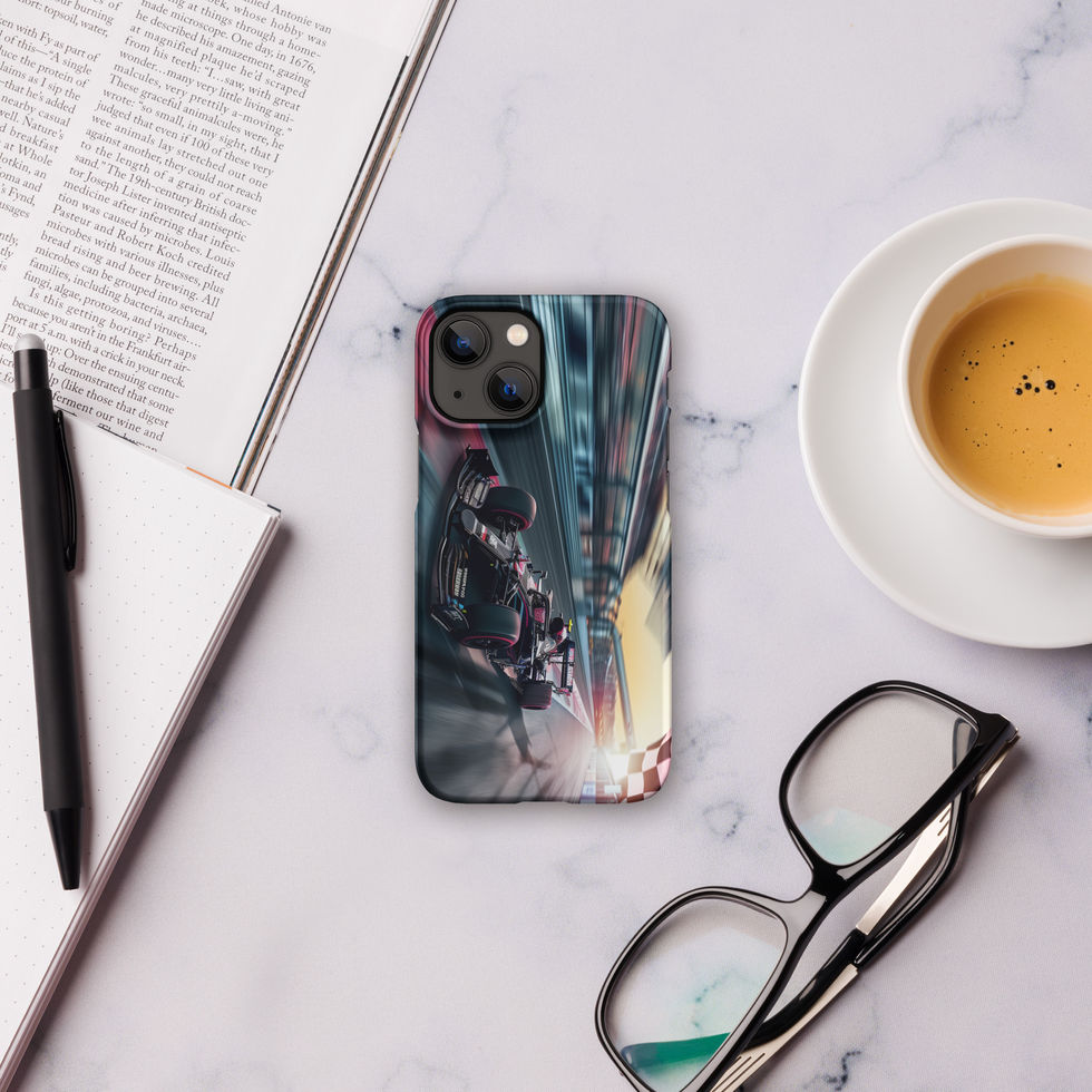 Final Lap Snap case for iPhone 13 Mini, dark race car artwork, light desk with coffee, book and glasses