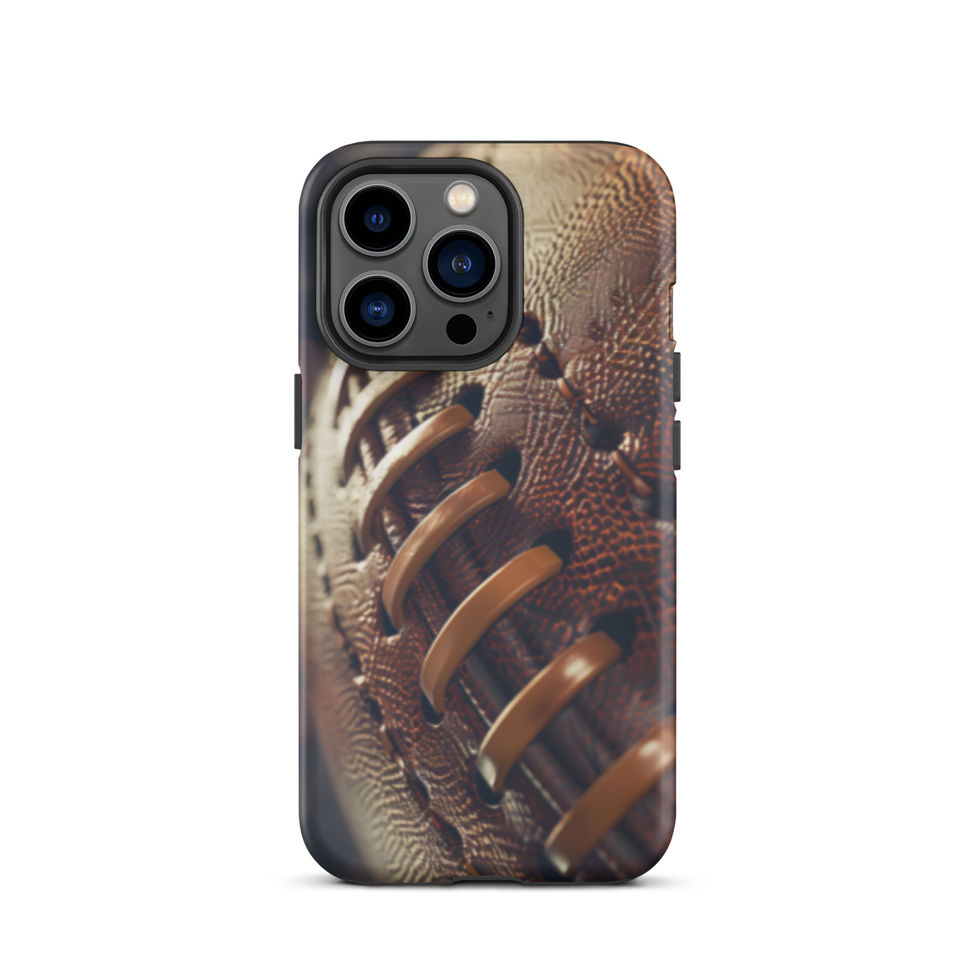 Stadium Lights Tough case for iPhone 13 Pro, worn brown football artwork and golden laces, rear view on white