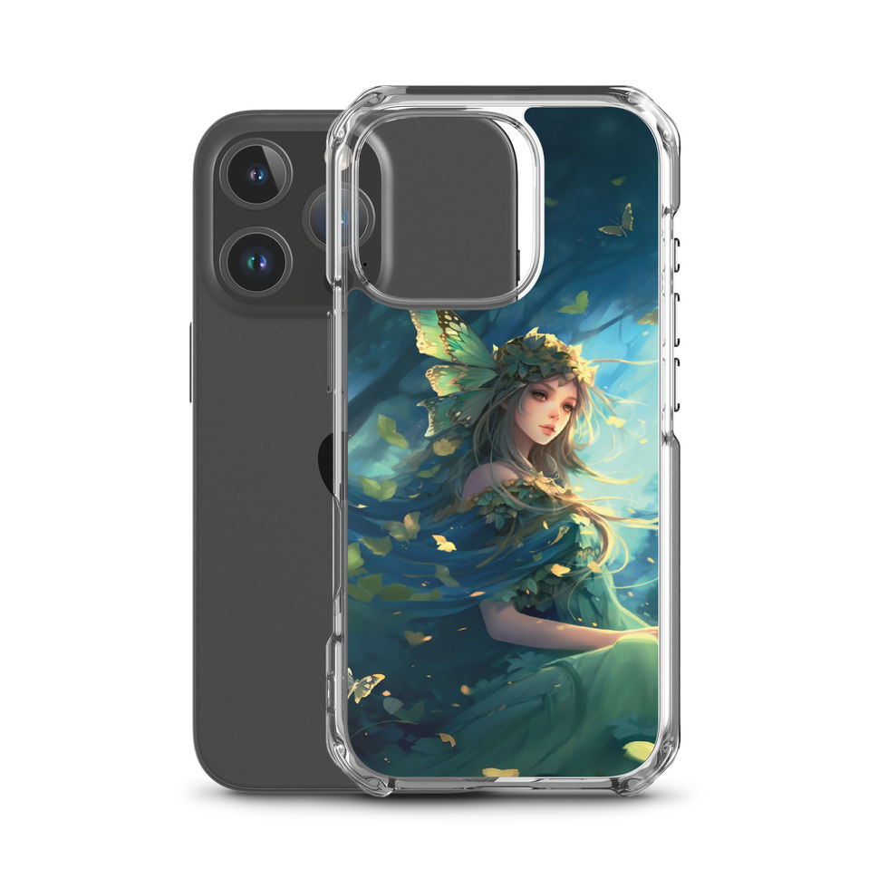 Printed back of Forest Enchantress iPhone clear case showing leafy textures around the figure
