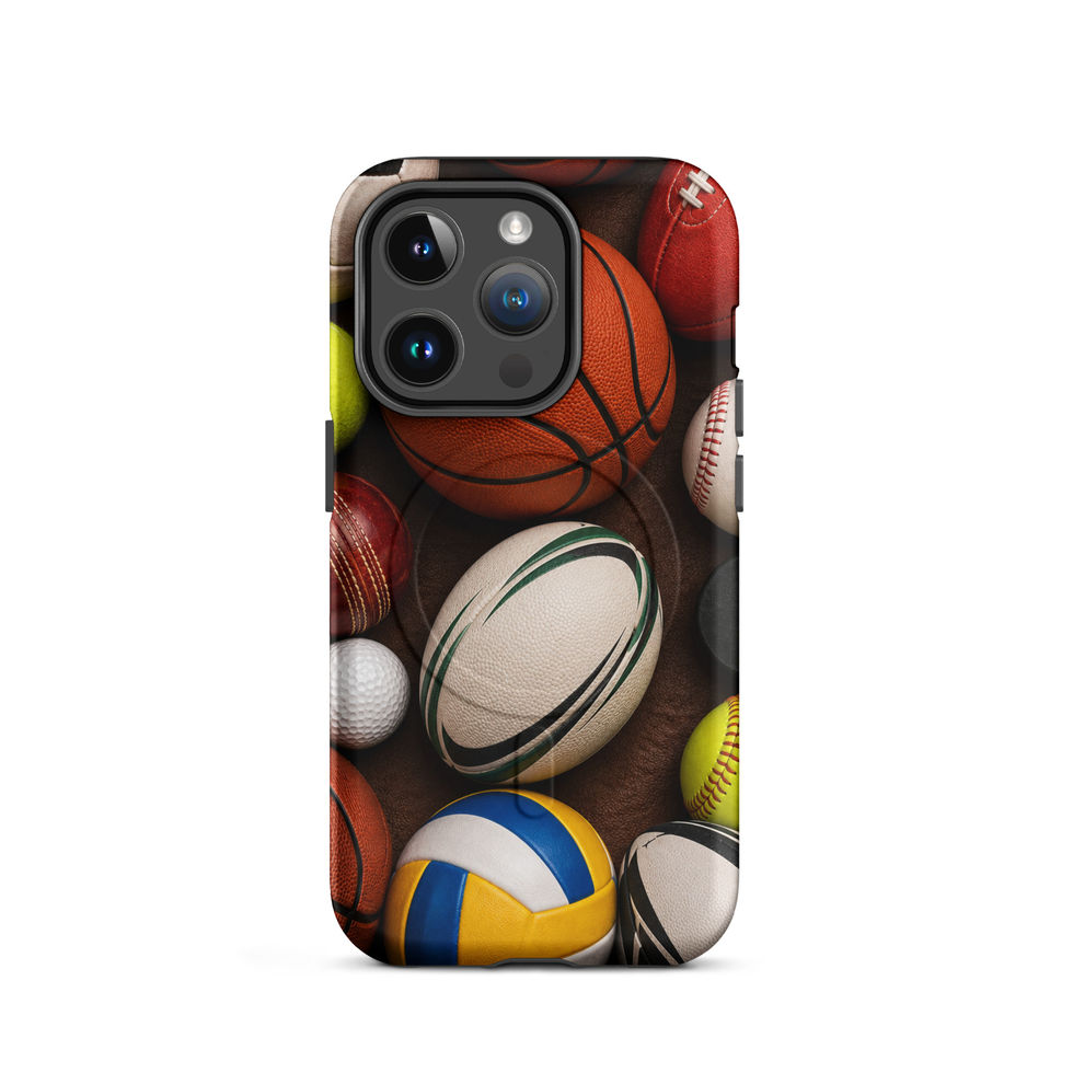 Ball Collection MagSafe Tough case for iPhone 14 Pro, colourful sports ball collage, rear view on white