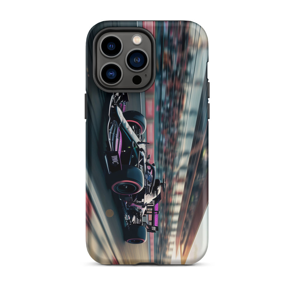 Black n Purple Power Tough case for iPhone 14 Pro Max, black and purple race car artwork, rear view on white
