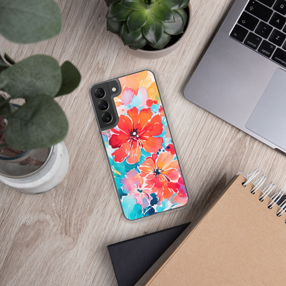 Sunset Petal Storm clear case for Samsung Galaxy S22 Ultra, front view showing fiery coral and crimson floral artwork
