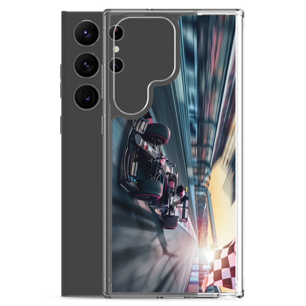 Final Lap Clear case for Galaxy S23 Ultra, dark race car and blurred track artwork, phone and case on white