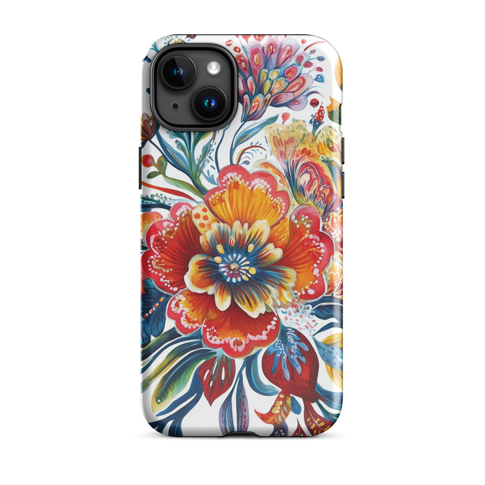 Sunfire Bloom tough floral phone case for iPhone 15 Pro, rear view showing the radiant warm flowers and blue accents