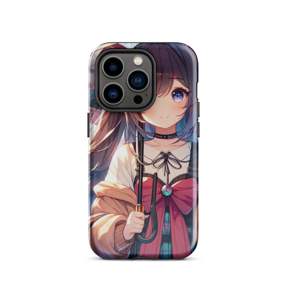 Rainy Day Elegance iPhone tough case, rear portrait with a tan sleeve and an umbrella handle.