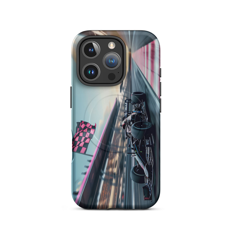 Blackout Champion MagSafe Tough case for iPhone 16 Pro, dark race car and pink flags, rear view on white