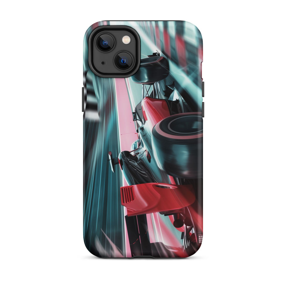 Finish Line Fury Tough case for iPhone 14 Plus, red race car and teal streaks, rear view on white