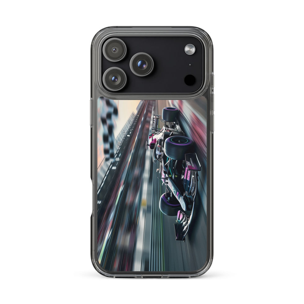 Midnight Velocity Clear case for iPhone 17 Pro Max, race car and night lights, rear view on white