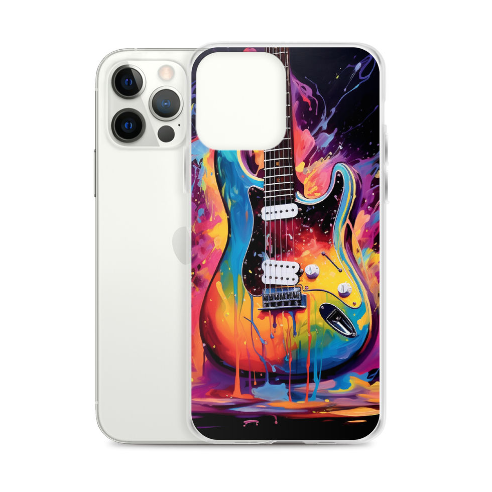Vibrant Strummer clear iPhone case angled rear view in a dark studio desk, featuring the colourful acoustic guitar artwork.