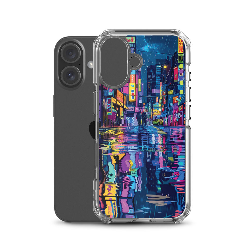 Clear iPhone case from Neon Rain, featuring blue-toned night scene punctuated by colourful neon signage.