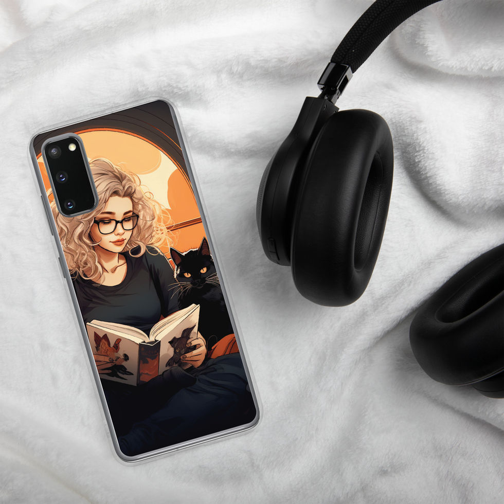 Literary Haven clear Samsung case with deep blue lower artwork