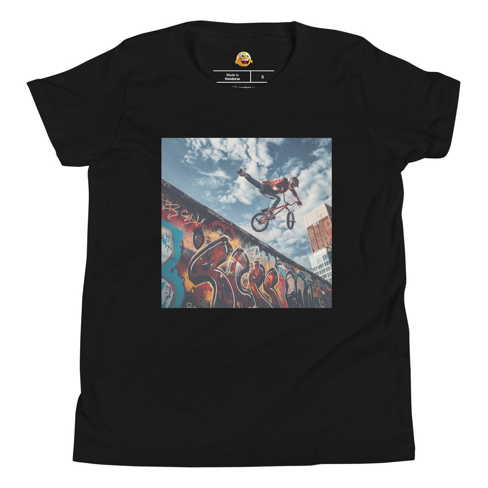 Sky High BMX: black youth short-sleeve T-shirt with a BMX rider above a graffiti ramp under clouds