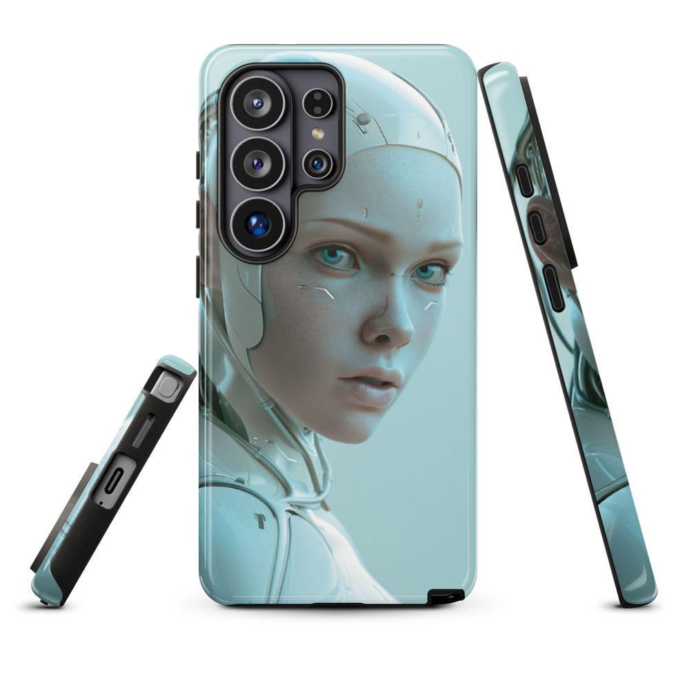 Pearl-white robot portrait with ice-blue eyes; angled case mockup on a Samsung® Tough Case.