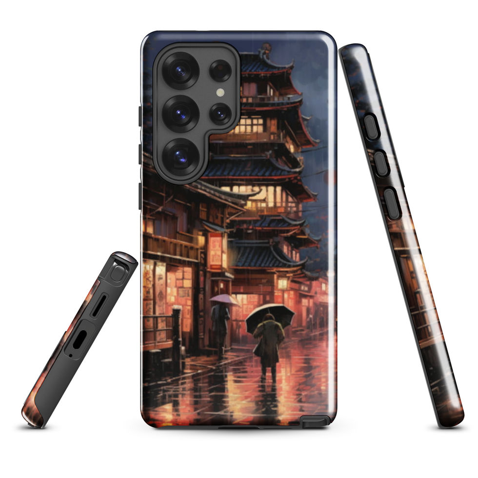 Rainy Kyoto Nights Samsung tough case, back and side views; back view showing a solitary umbrella on reflective paving.