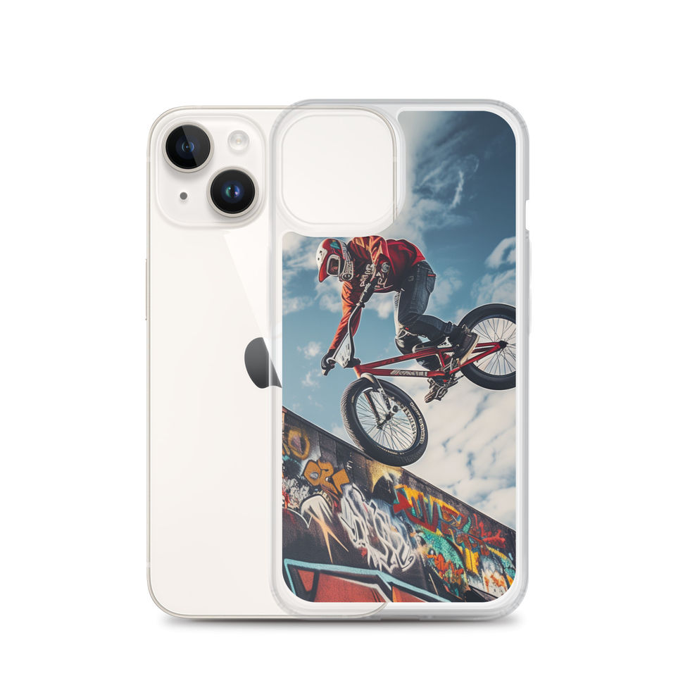 Graffiti Air Clear case for iPhone 14, BMX rider above graffiti ramp, rear view on white