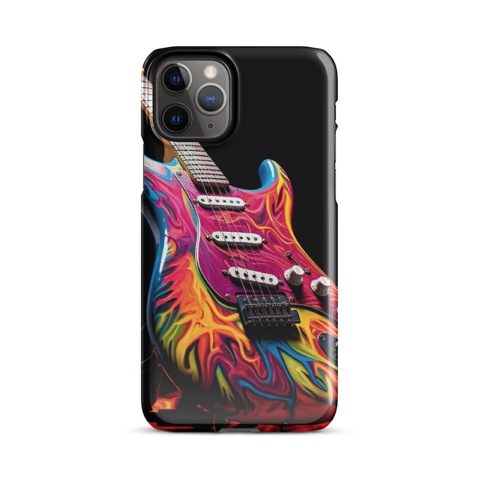 Flaming Riffs slim iPhone Snap Case on a pale minimalist surface, featuring the flame-wrapped guitar artwork, image 3.