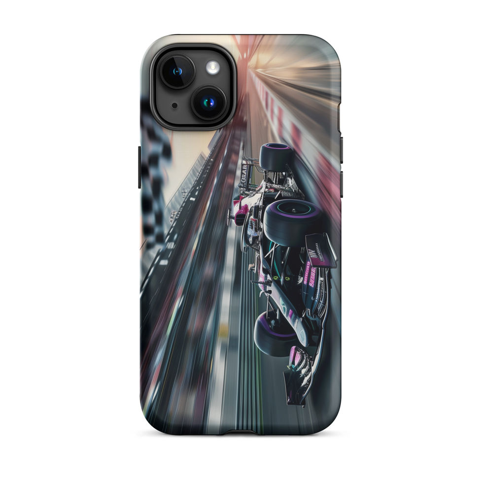 Midnight Velocity Tough case for iPhone 15 Plus, race car and night lights, rear view on white