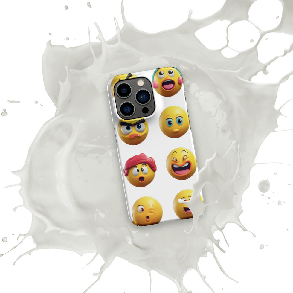 Emoji Frenzy snap iPhone case showing yellow laughing face across its upright design, over a white paint splash.