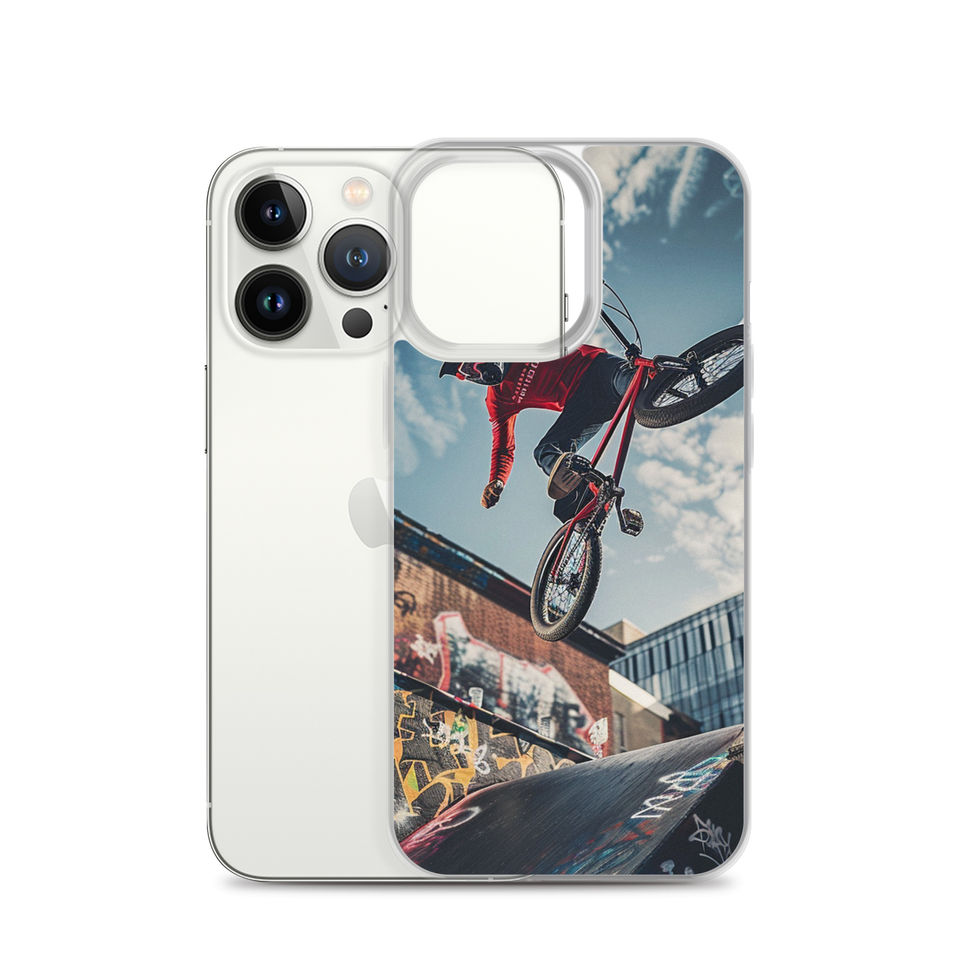 Skybound Stunt Clear case for iPhone 13 Pro, BMX rider above graffiti ramps, rear view on white