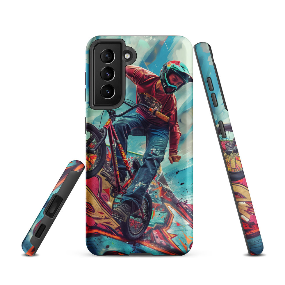 Ramp Rebel Tough case for Galaxy S21, red-jacketed BMX rider and graffiti, rear and side views on white