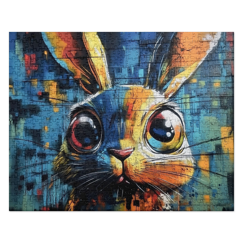 Urban Rabbit puzzle artwork against white: a colourful bunny face with glossy eyes, pink nose and black whiskers