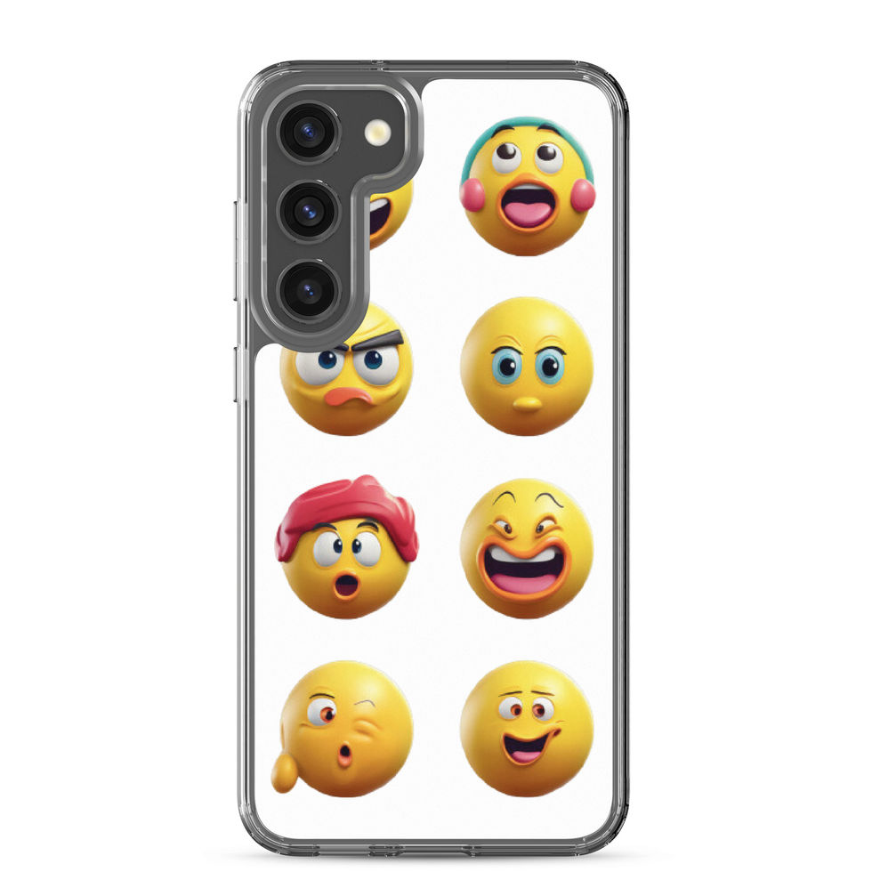 Emoji Frenzy clear Samsung case with laughing, surprised and silly expressions together.