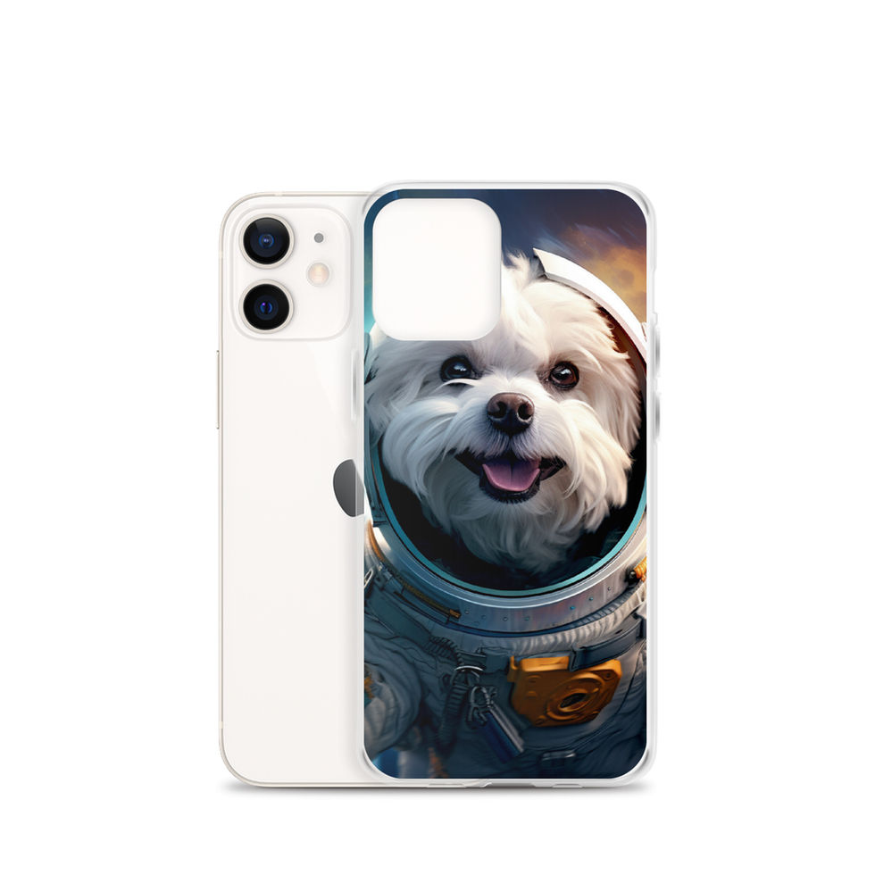 Cosmo Pup cosmic dog clear iPhone case โ artwork close-up in studio mockup