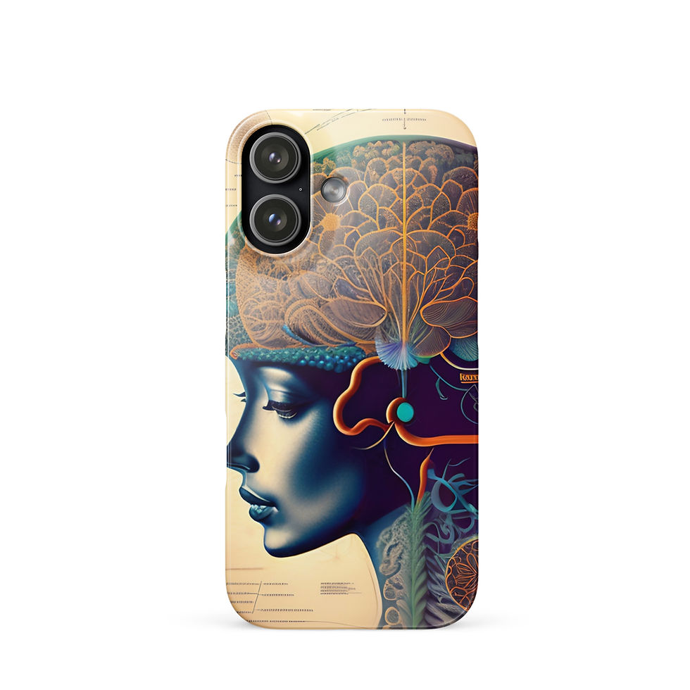 Flower Brain iPhone Snap Case displaying a vibrant mind-in-bloom design with golden-lined flowers, turquoise accents