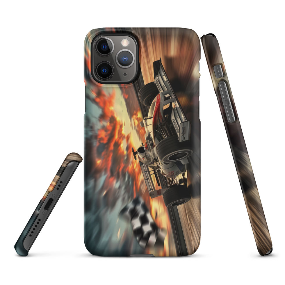 Final Lap Fury Snap case for iPhone 11 Pro, black race car and fiery flag, rear and side views on white