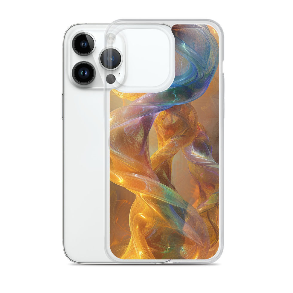 "Intertwining Entities" clear iPhone case showing orange-gold ribbons on the printed phone back