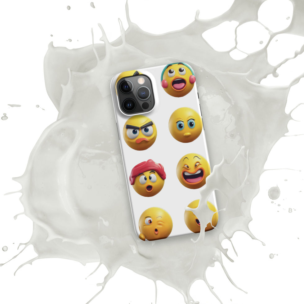 Emoji Frenzy snap iPhone case showing smiling and startled emojis across its phone back, over a white paint splash.