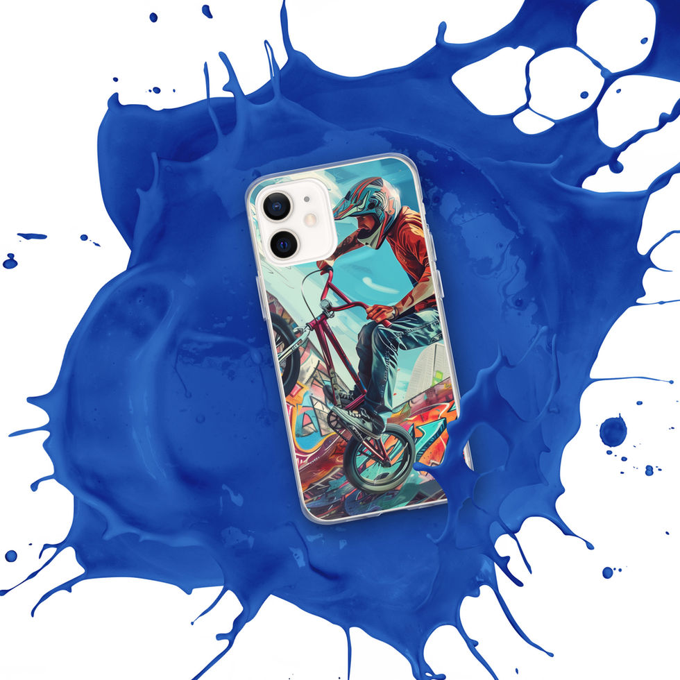 Urban Freestyle Clear case for iPhone 12, BMX rider and colourful graffiti, blue paint splash background