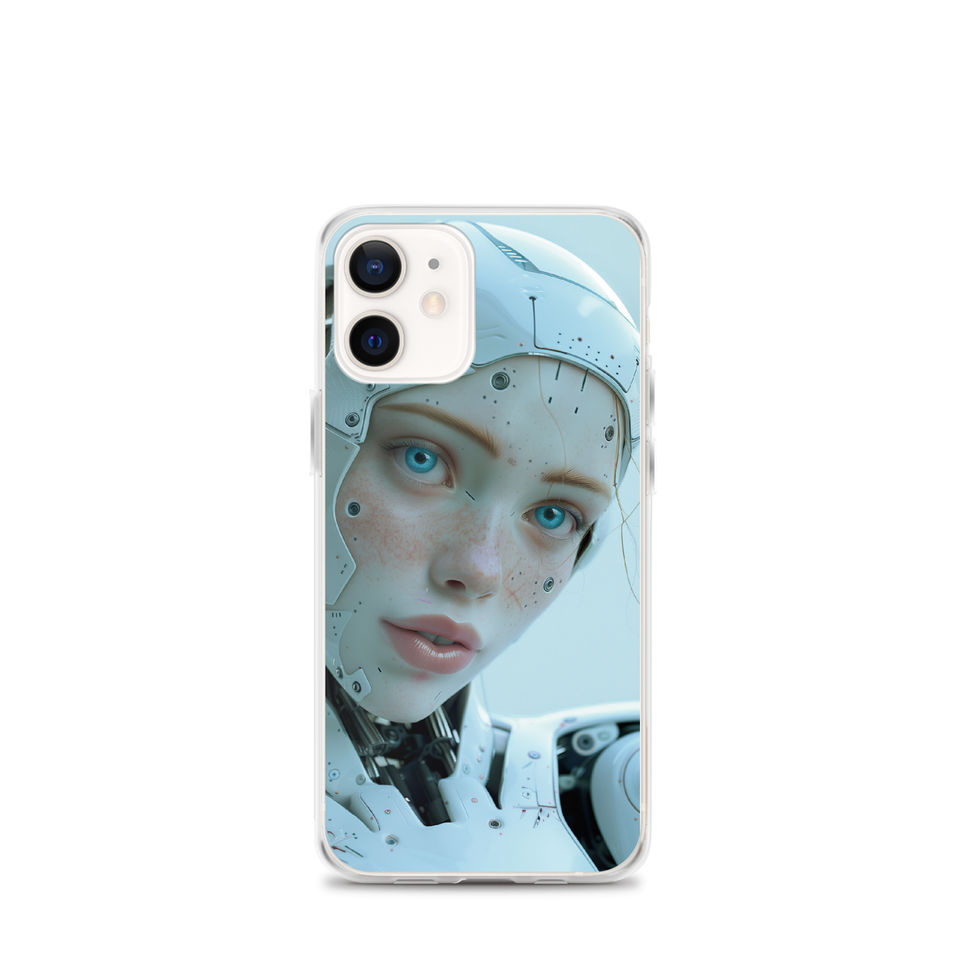 Porcelain-white female robot artwork on a transparent iPhone case – close-up artwork detail