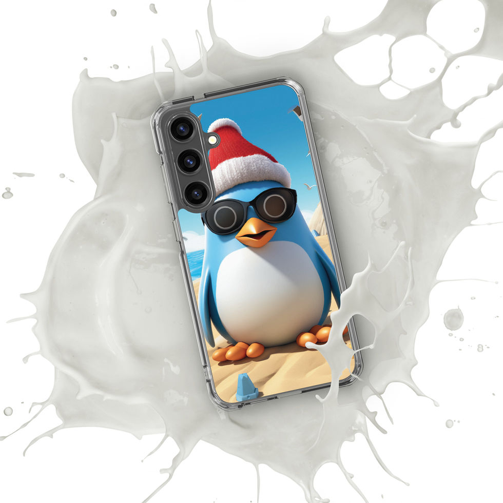 Beach penguin-mockup-43 showing Sandy Chill artwork on a Samsung clear phone case