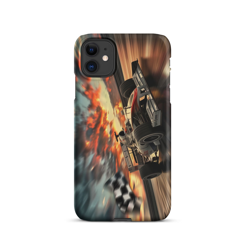 Final Lap Fury Snap case for iPhone 11, black race car and fiery flag, rear view on white