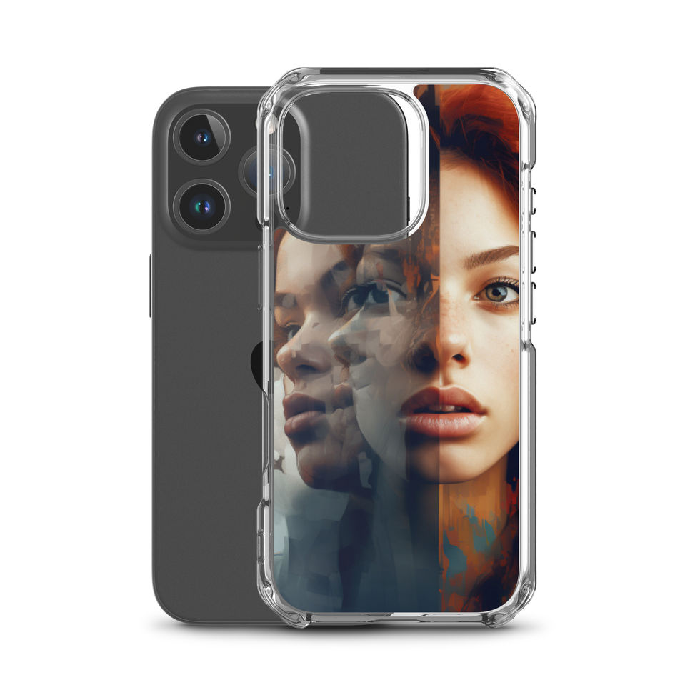 Fragmented Reality clear iPhone case with glowing fractured portrait art, bright studio preview, image 45